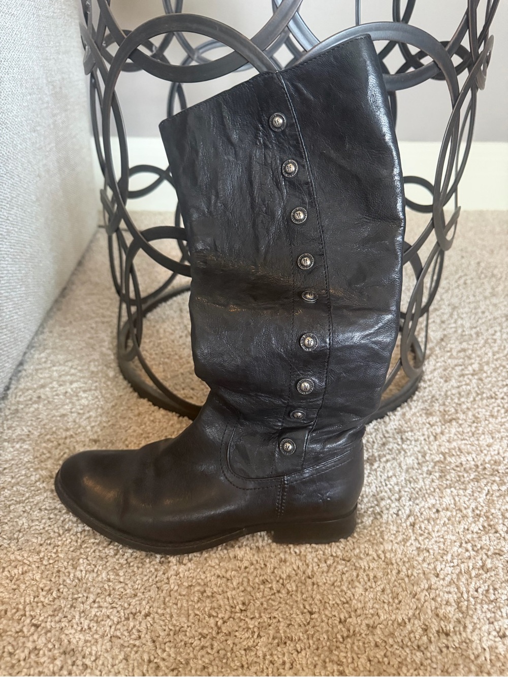 Frye Black Leather Mid-Calf Button-Detail Boot